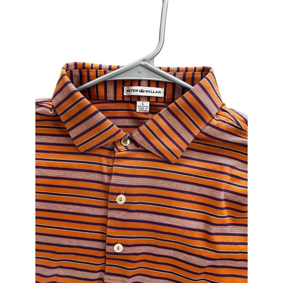 Peter Millar Mens Large Orange Purple Striped Cotton Short Sleeve Polo Shirt - Picture 3 of 3